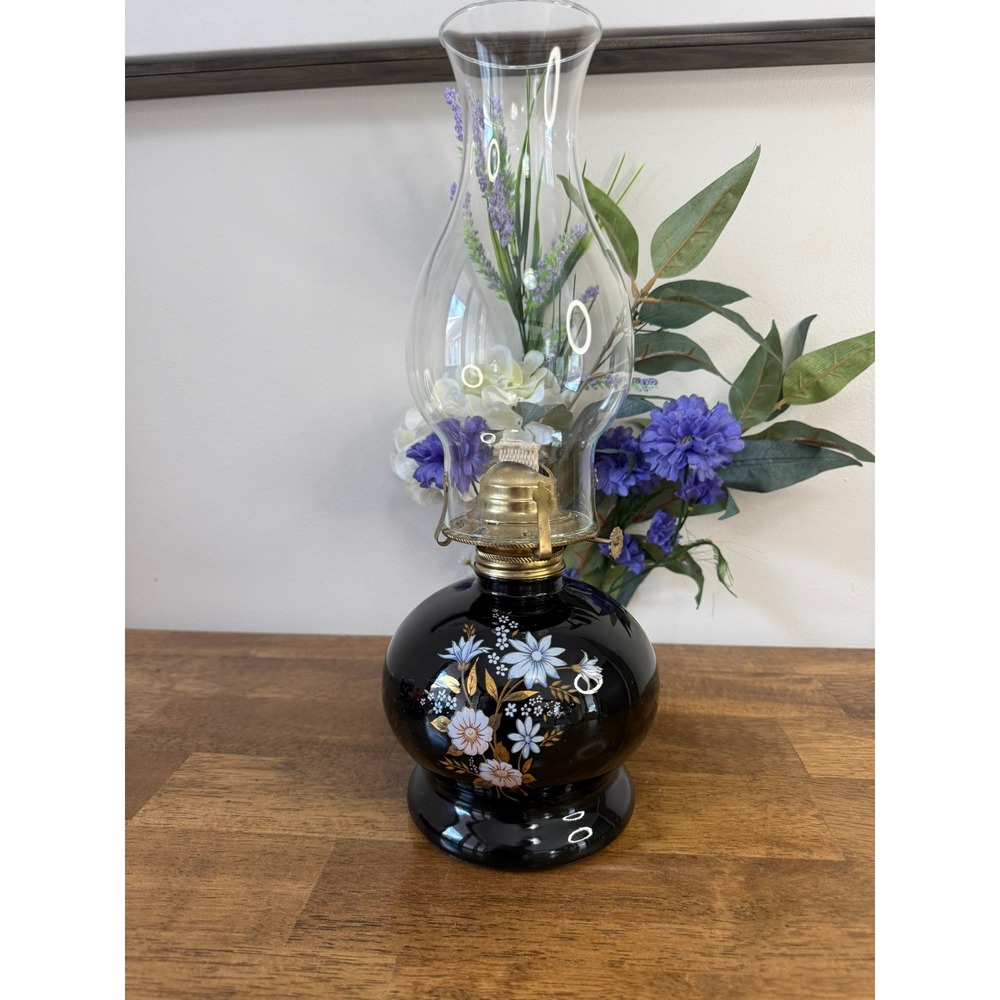 Vintage Black Glass Floral Oil Lamp Lamplight Farms Hurricane Lamp Decor Cottage
